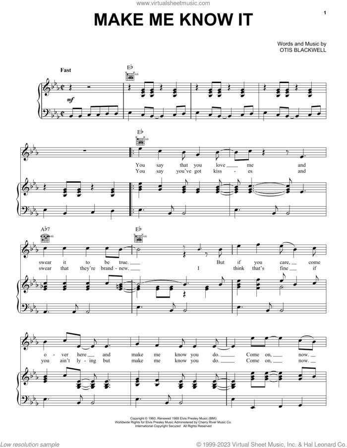 Make Me Know It sheet music for voice, piano or guitar by Elvis Presley and Otis Blackwell, intermediate skill level
