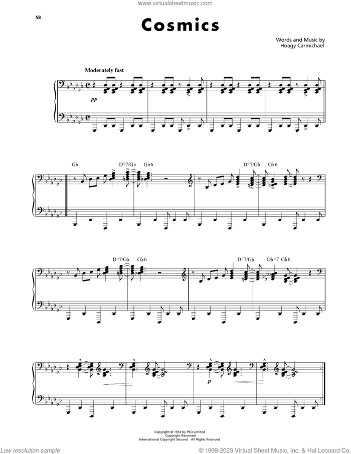 Cosmics sheet music for piano solo by Hoagy Carmichael, intermediate skill level