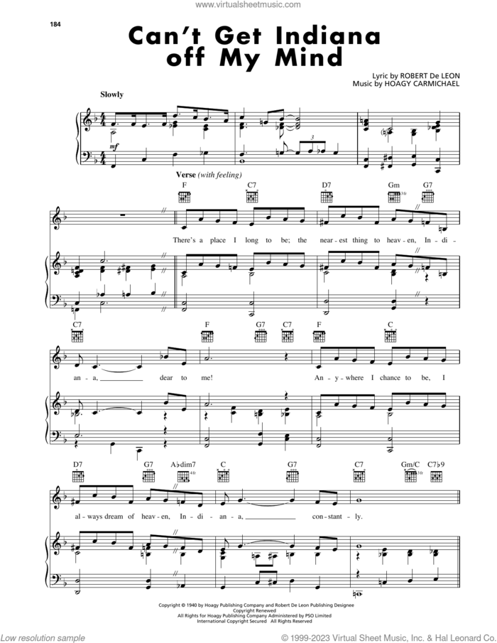 Can't Get Indiana Off My Mind sheet music for voice, piano or guitar by Hoagy Carmichael and Robert De Leon, intermediate skill level