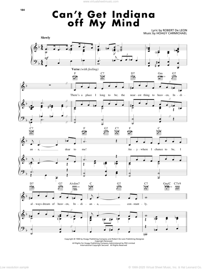 Can't Get Indiana Off My Mind sheet music for voice, piano or guitar by Hoagy Carmichael and Robert De Leon, intermediate skill level