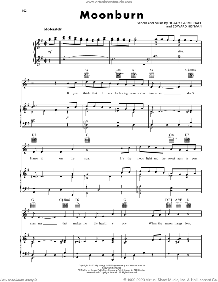 Moonburn sheet music for voice, piano or guitar by Hoagy Carmichael and Edward Heyman, intermediate skill level
