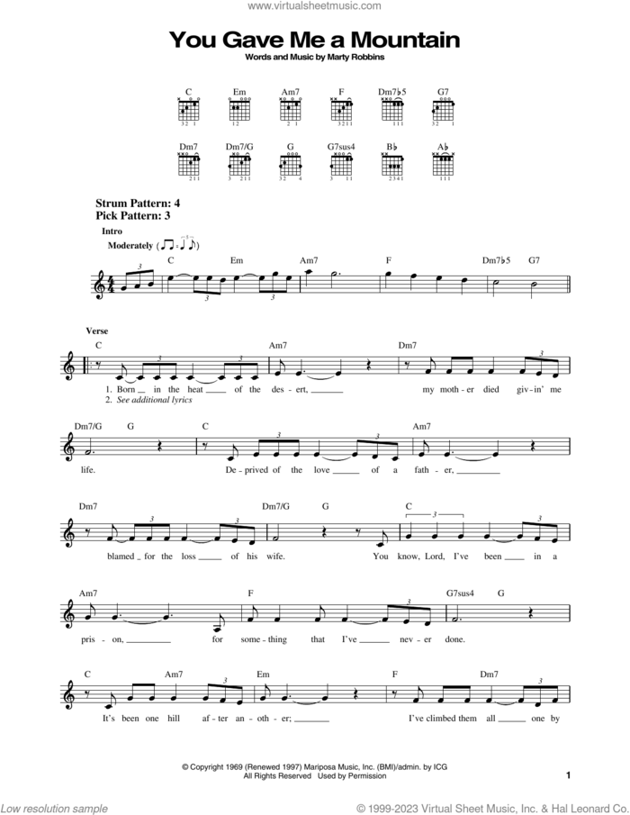 You Gave Me A Mountain sheet music for guitar solo (chords) by Elvis Presley, Johnny Bush and Marty Robbins, easy guitar (chords)