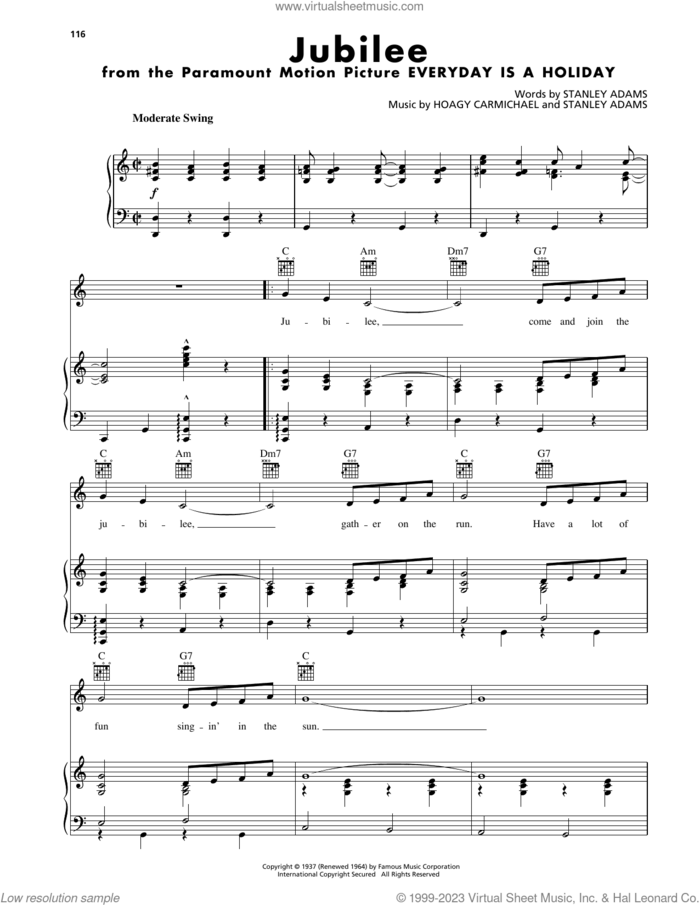 Jubilee sheet music for voice, piano or guitar by Hoagy Carmichael and Stanley Adams, intermediate skill level