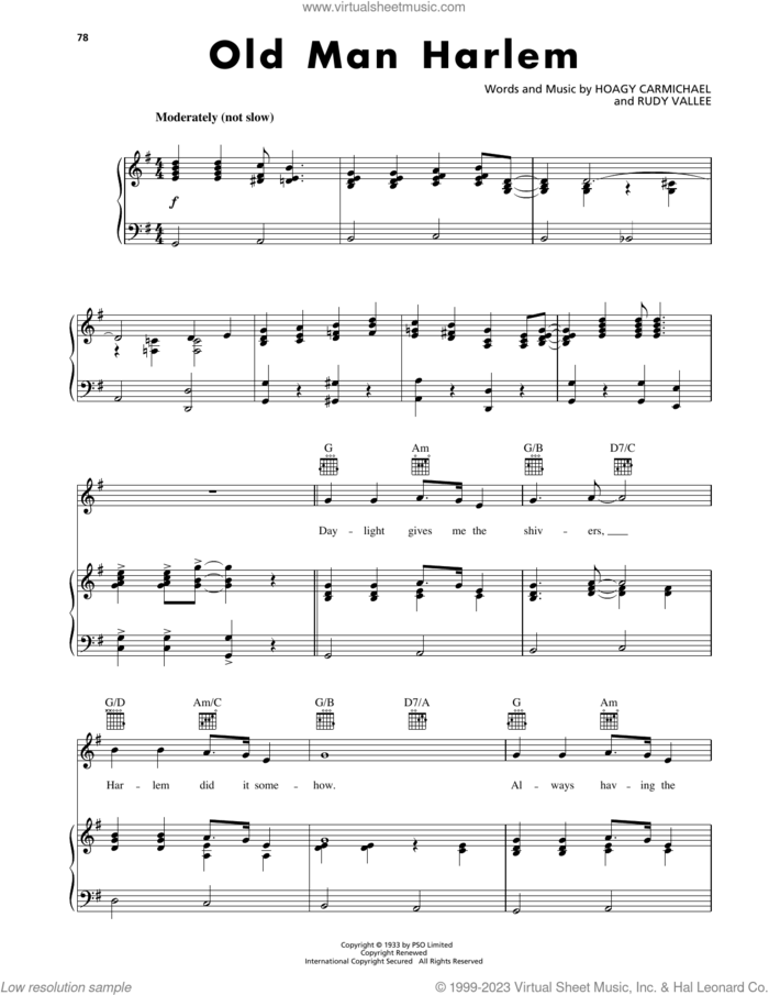 Old Man Harlem sheet music for voice, piano or guitar by Hoagy Carmichael and Rudy Vallee, intermediate skill level