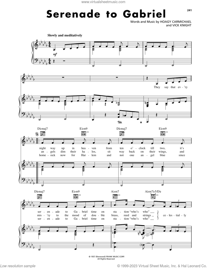 Serenade To Gabriel sheet music for voice, piano or guitar by Hoagy Carmichael and Vick Knight, intermediate skill level