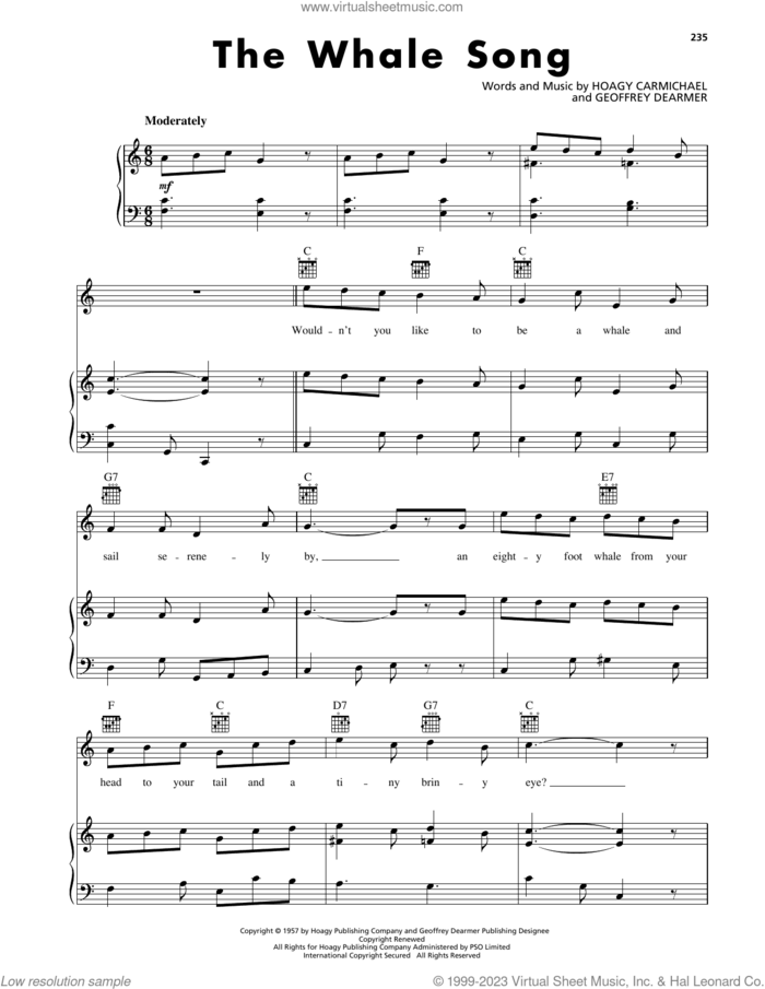 The Whale Song sheet music for voice, piano or guitar by Hoagy Carmichael and Geoffrey Dearmer, intermediate skill level