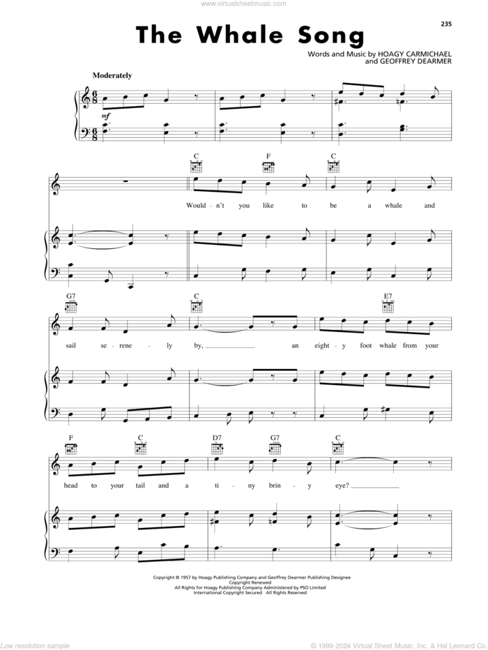 The Whale Song sheet music for voice, piano or guitar by Hoagy Carmichael and Geoffrey Dearmer, intermediate skill level