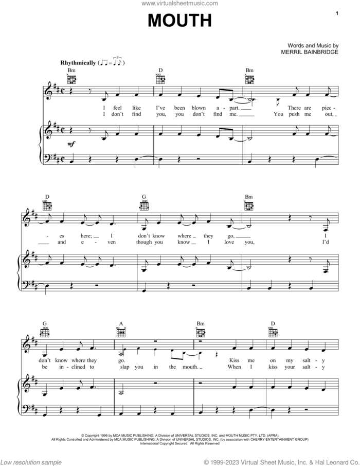 Mouth sheet music for voice, piano or guitar by Merril Bainbridge, intermediate skill level