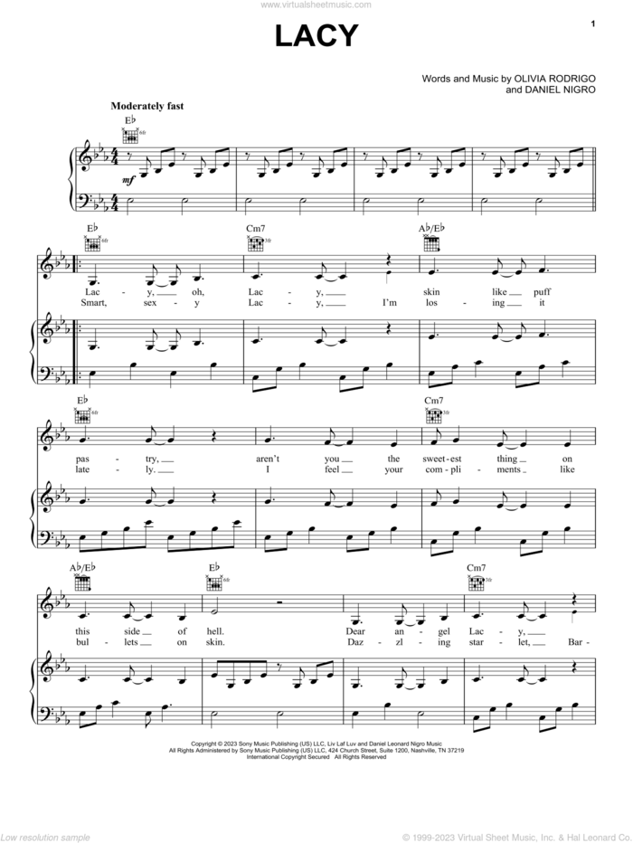 lacy sheet music for voice, piano or guitar by Olivia Rodrigo and Daniel Nigro, intermediate skill level