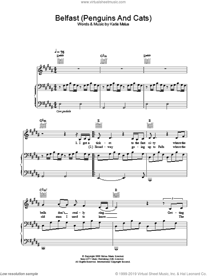Belfast (Penguins And Cats) sheet music for voice, piano or guitar by Katie Melua, intermediate skill level