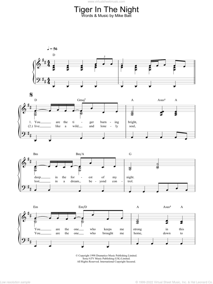 Tiger In The Night sheet music for piano solo by Katie Melua, intermediate skill level