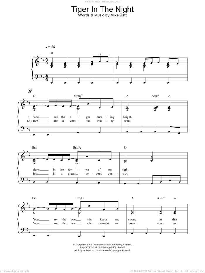 Tiger In The Night sheet music for piano solo by Katie Melua, intermediate skill level