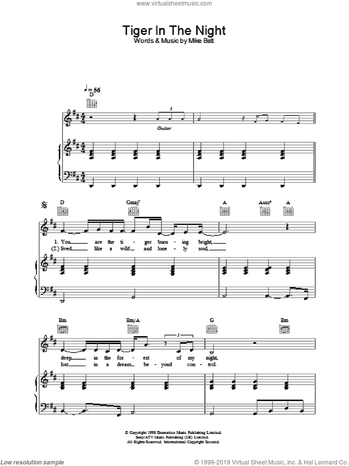 Tiger In The Night sheet music for voice, piano or guitar by Katie Melua, intermediate skill level