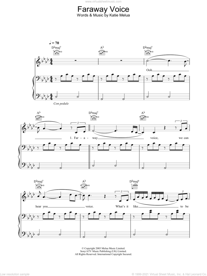 Faraway Voice sheet music for voice, piano or guitar by Katie Melua, intermediate skill level