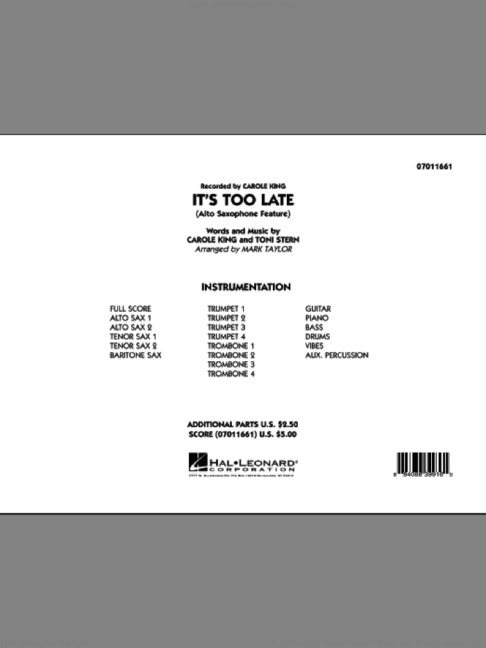 It's Too Late (Alto Saxophone Feature) (COMPLETE) sheet music for jazz band by Carole King, Mark Taylor and Toni Stern, intermediate skill level