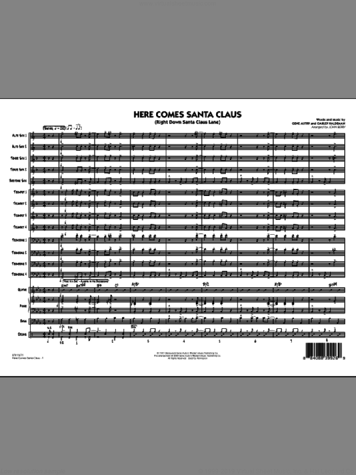 Here Comes Santa Claus (Right Down Santa Claus Lane) (COMPLETE) sheet music for jazz band by Gene Autry, John Berry and Oakley Haldeman, intermediate skill level