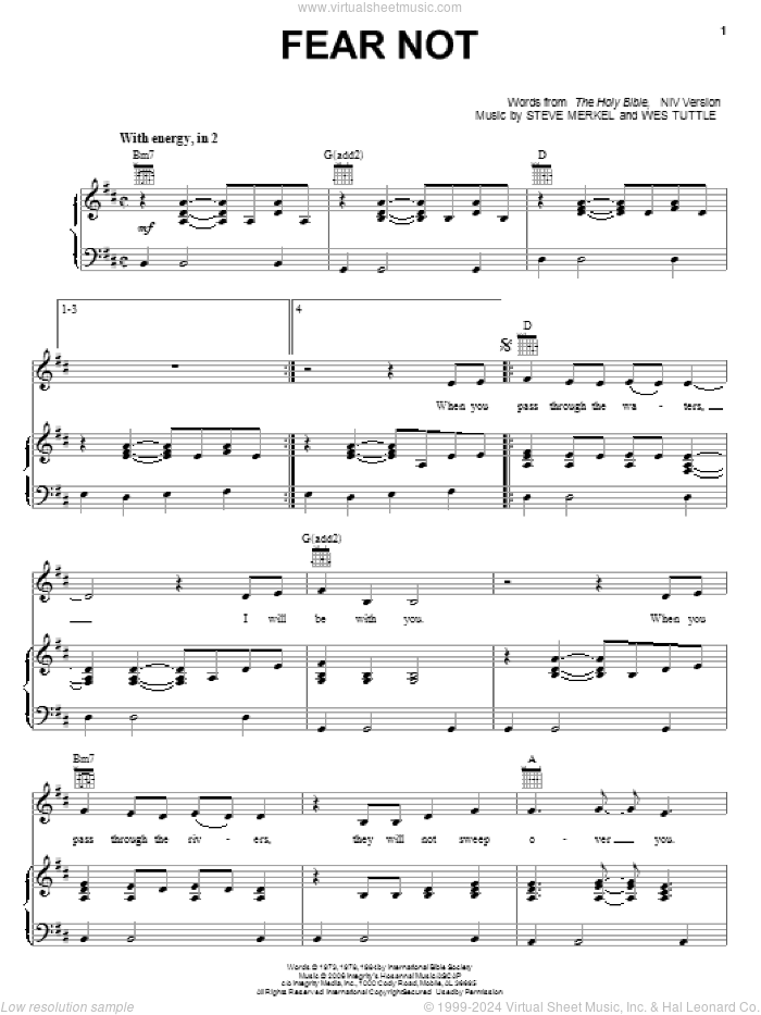 Fear Not sheet music for voice, piano or guitar by Steve Merkel and Wes Tuttle, intermediate skill level