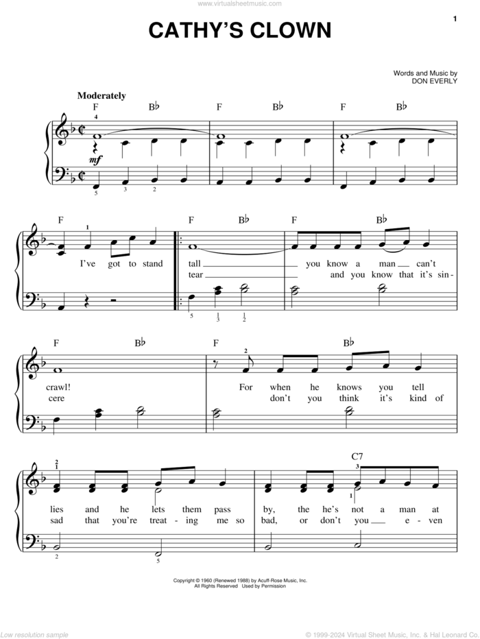 Cathy's Clown sheet music for piano solo by Everly Brothers, Reba McEntire and Don Everly, easy skill level