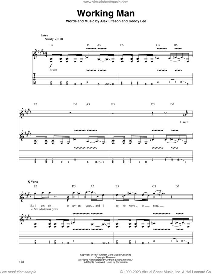 Working Man sheet music for guitar (tablature, play-along) by Rush, Alex Lifeson and Geddy Lee, intermediate skill level