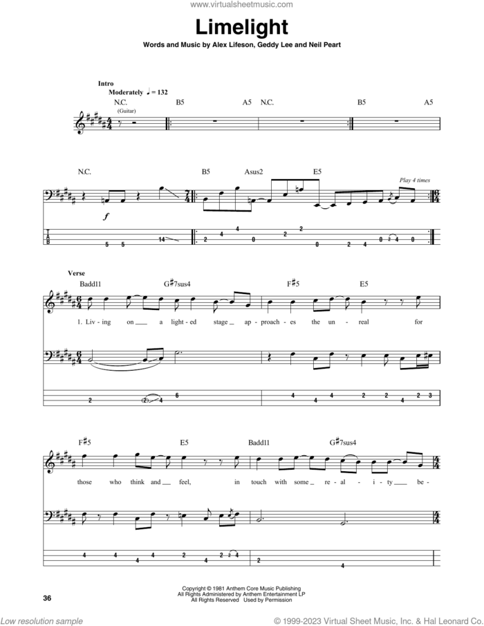 Limelight sheet music for bass (tablature) (bass guitar) by Rush, Alex Lifeson, Geddy Lee and Neil Peart, intermediate skill level