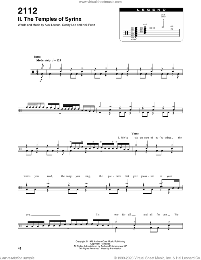 2112-II The Temples Of Syrinx sheet music for drums by Rush, Alex Lifeson, Geddy Lee, Geddy Lee Weinrib and Neil Peart, intermediate skill level