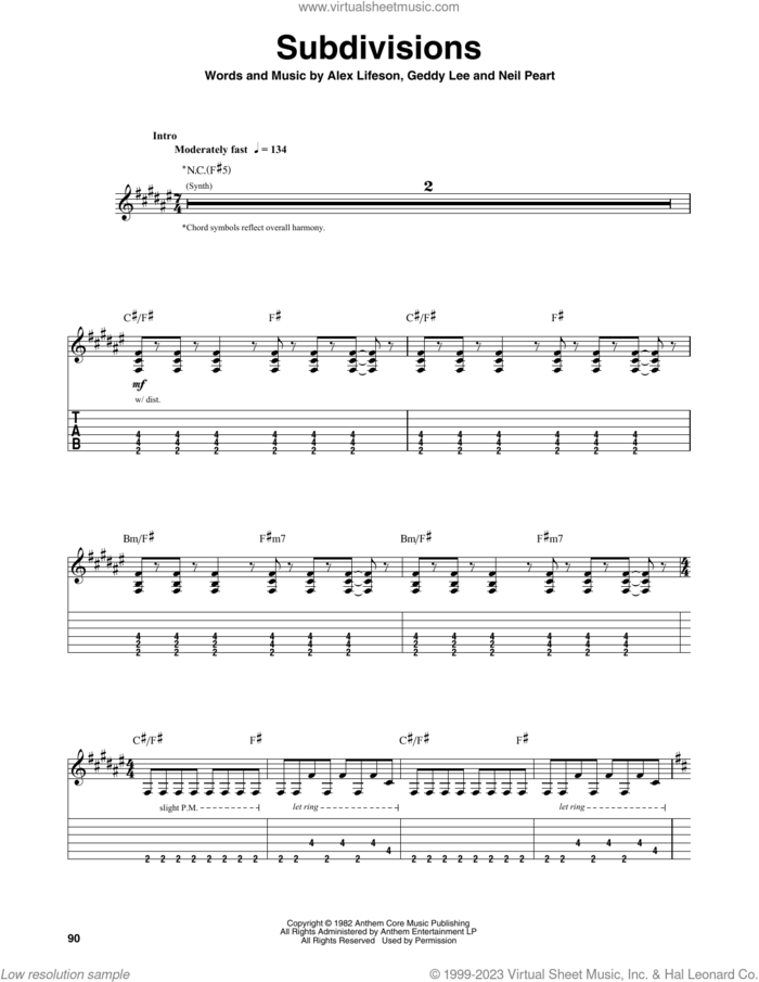 Subdivisions sheet music for guitar (tablature, play-along) by Rush, Alex Lifeson, Geddy Lee and Neil Peart, intermediate skill level