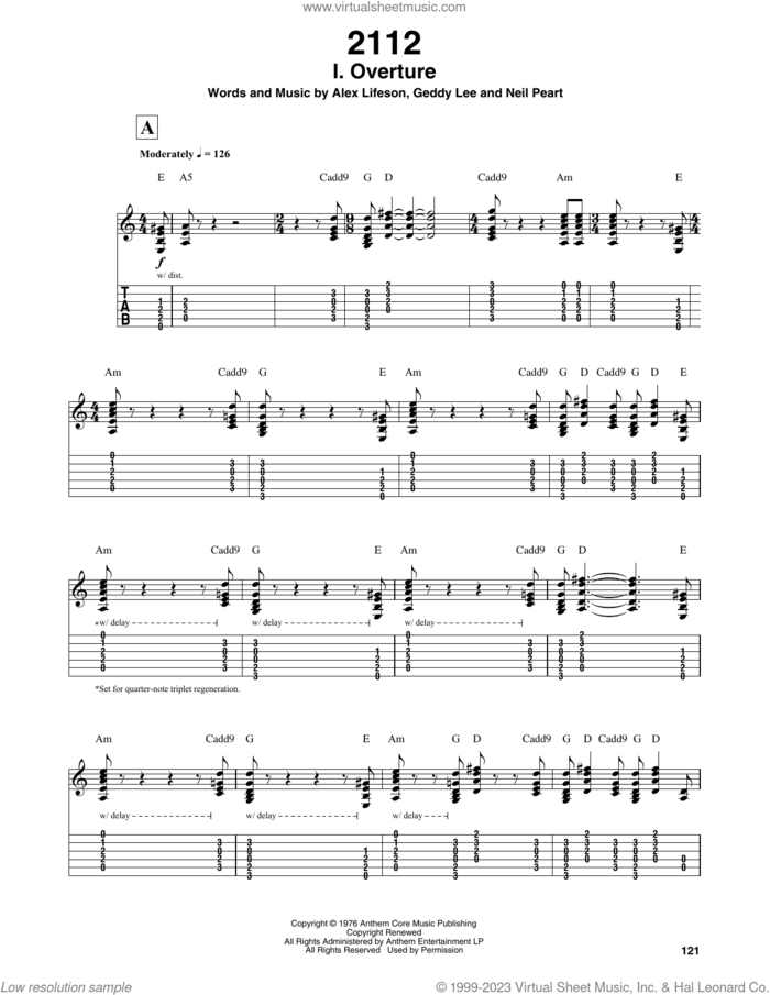 2112-I Overture sheet music for guitar (tablature, play-along) by Rush, Alex Lifeson, Geddy Lee and Neil Peart, intermediate skill level