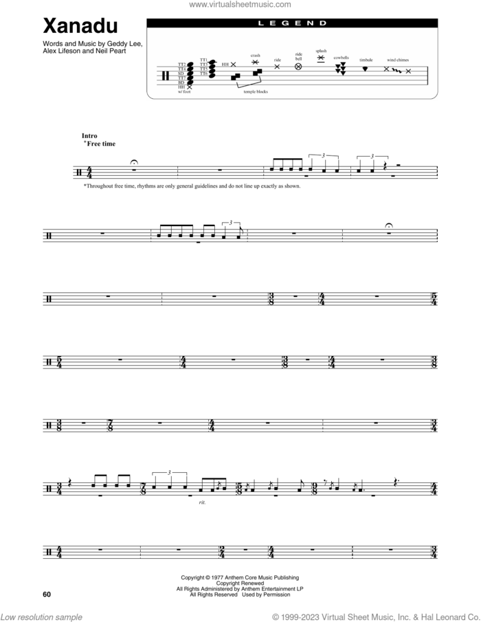 Xanadu sheet music for drums by Rush, Alex Lifeson, Geddy Lee and Neil Peart, intermediate skill level