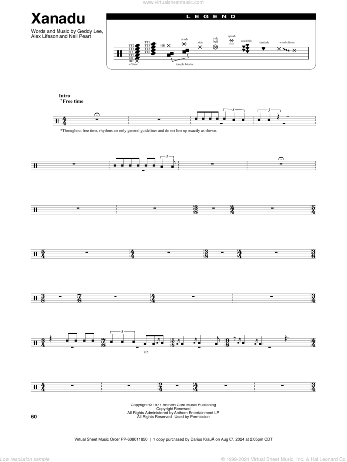 Xanadu sheet music for drums by Rush, Alex Lifeson, Geddy Lee and Neil Peart, intermediate skill level