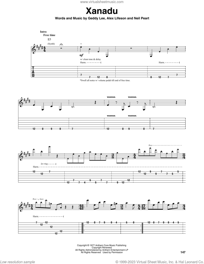 Xanadu sheet music for guitar (tablature, play-along) by Rush, Alex Lifeson, Geddy Lee and Neil Peart, intermediate skill level