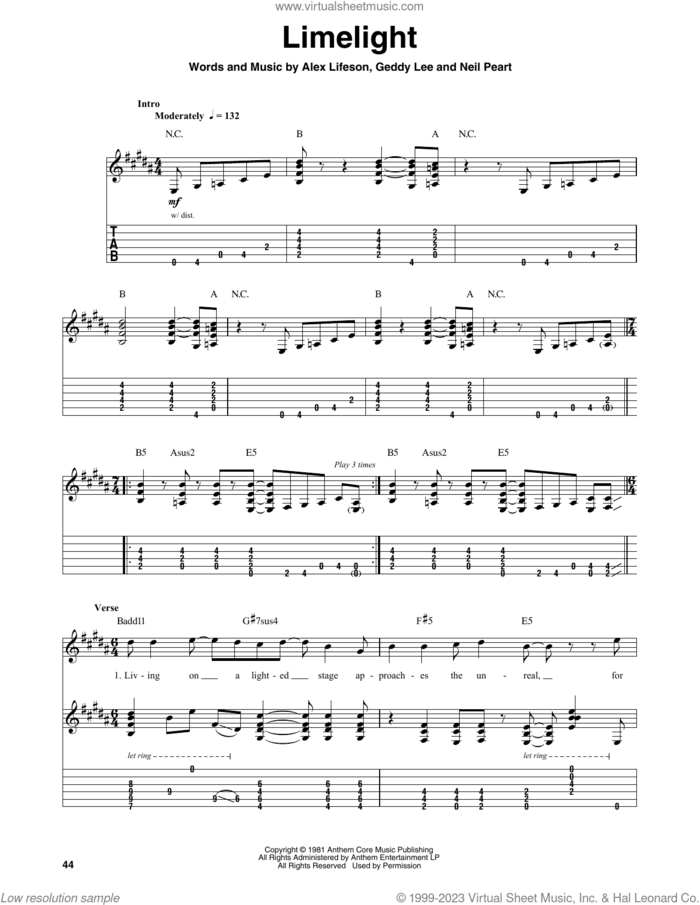 Limelight sheet music for guitar (tablature, play-along) by Rush, Alex Lifeson, Geddy Lee and Neil Peart, intermediate skill level