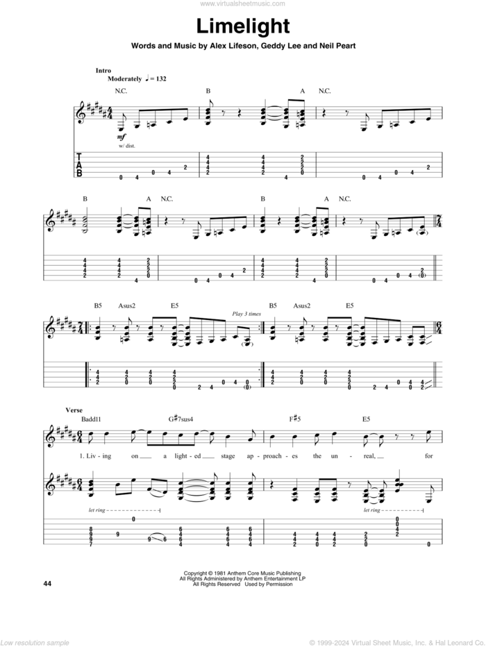 Limelight sheet music for guitar (tablature, play-along) by Rush, Alex Lifeson, Geddy Lee and Neil Peart, intermediate skill level