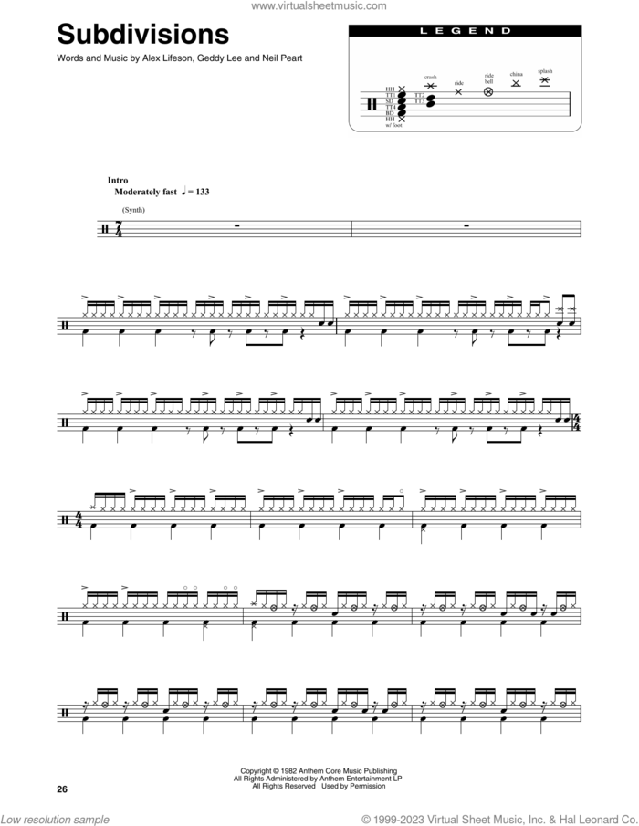 Subdivisions sheet music for drums by Rush, Alex Lifeson, Geddy Lee and Neil Peart, intermediate skill level