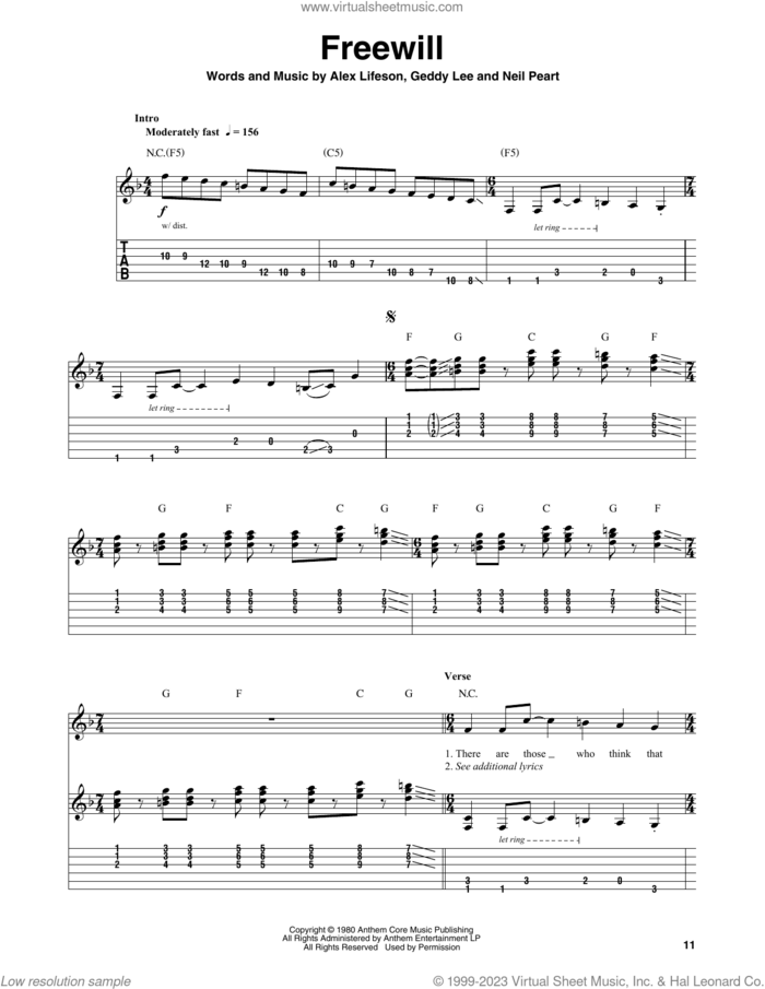 Freewill sheet music for guitar (tablature, play-along) by Rush, Alex Lifeson, Geddy Lee and Neil Peart, intermediate skill level