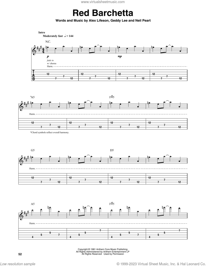 Red Barchetta sheet music for guitar (tablature, play-along) by Rush, Alex Lifeson, Geddy Lee and Neil Peart, intermediate skill level