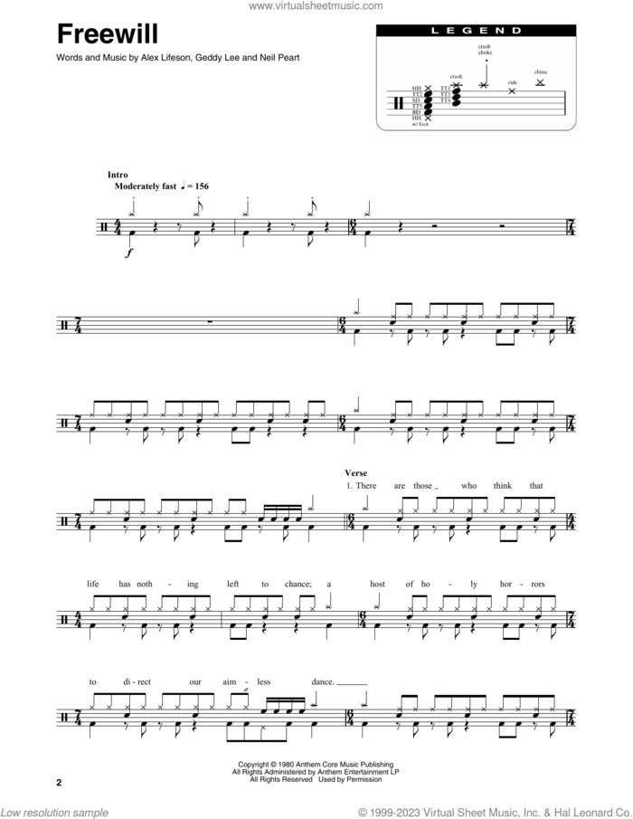Freewill sheet music for drums by Rush, Alex Lifeson, Geddy Lee and Neil Peart, intermediate skill level