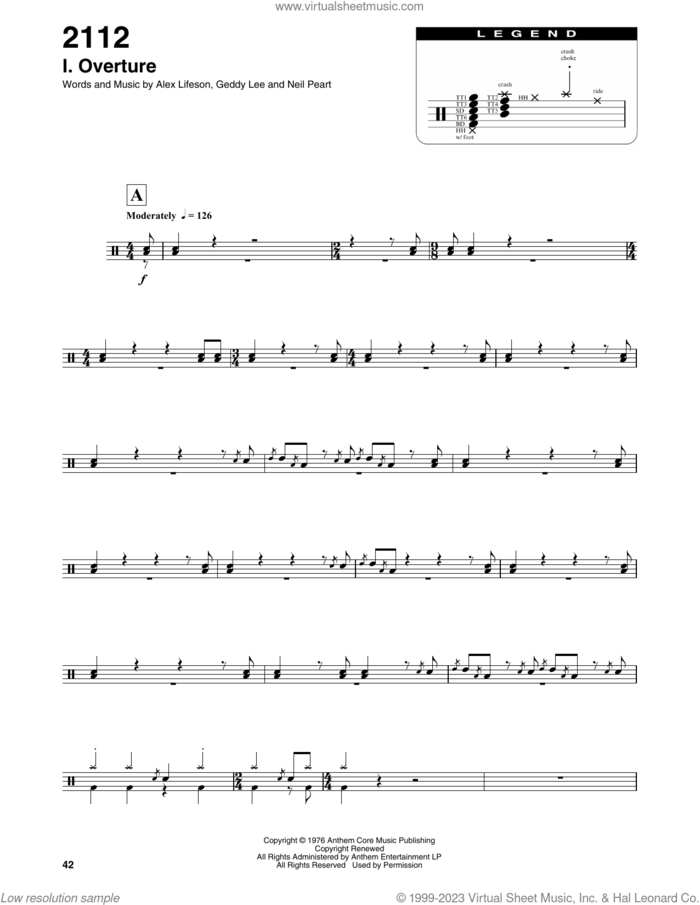 2112-I Overture sheet music for drums by Rush, Alex Lifeson, Geddy Lee and Neil Peart, intermediate skill level