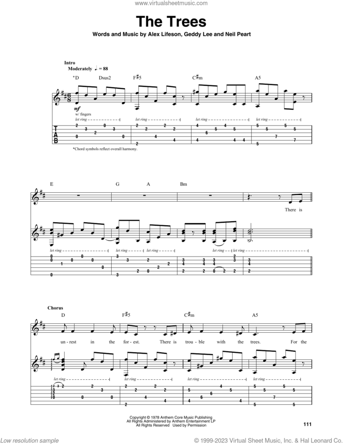 The Trees sheet music for guitar (tablature, play-along) by Rush, Alex Lifeson, Geddy Lee and Neil Peart, intermediate skill level