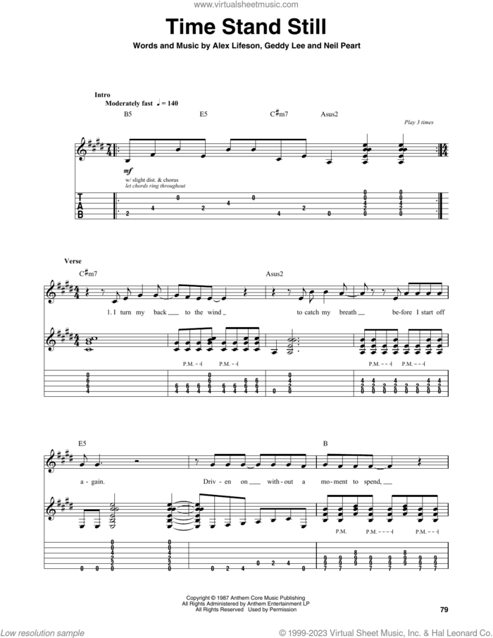 Time Stand Still sheet music for guitar (tablature, play-along) by Rush, Alex Lifeson, Geddy Lee and Neil Peart, intermediate skill level