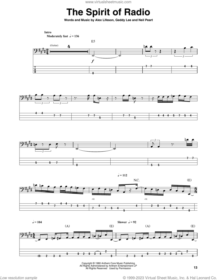The Spirit Of Radio sheet music for bass (tablature) (bass guitar) by Rush, Alex Lifeson, Geddy Lee and Neil Peart, intermediate skill level