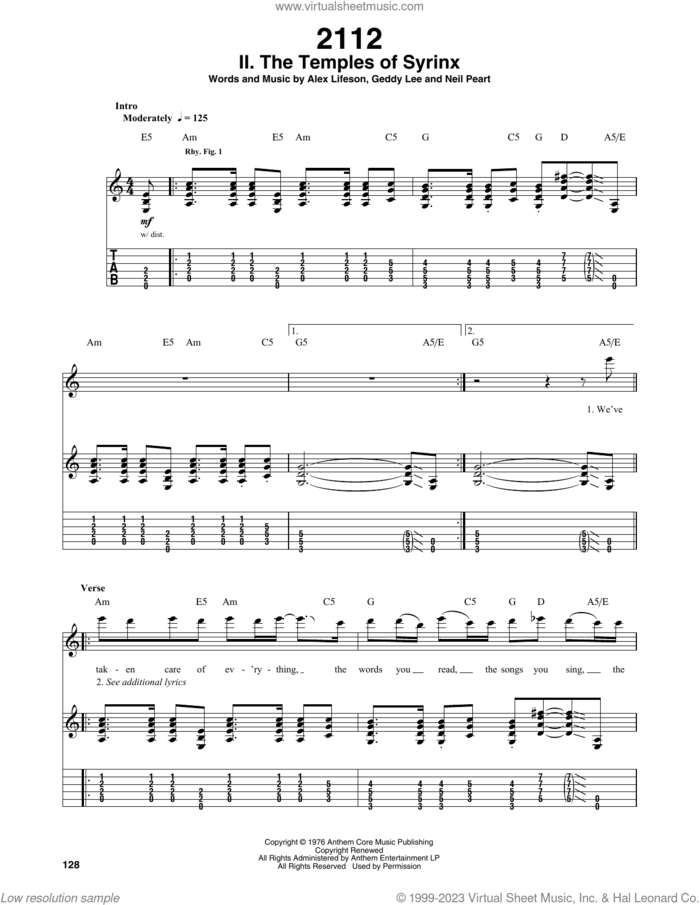 2112-II The Temples Of Syrinx sheet music for guitar (tablature, play-along) by Rush, Alex Lifeson, Geddy Lee, Geddy Lee Weinrib and Neil Peart, intermediate skill level