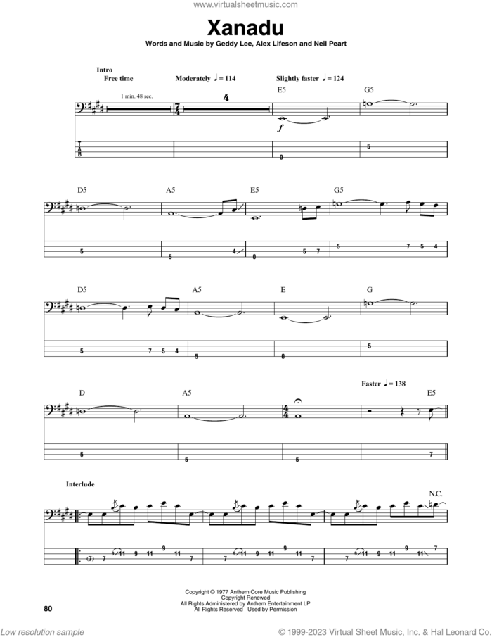 Xanadu sheet music for bass (tablature) (bass guitar) by Rush, Alex Lifeson, Geddy Lee and Neil Peart, intermediate skill level