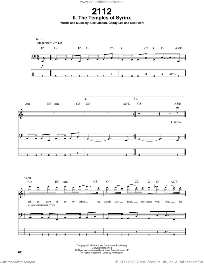 2112-II The Temples Of Syrinx sheet music for bass (tablature) (bass guitar) by Rush, Alex Lifeson, Geddy Lee, Geddy Lee Weinrib and Neil Peart, intermediate skill level