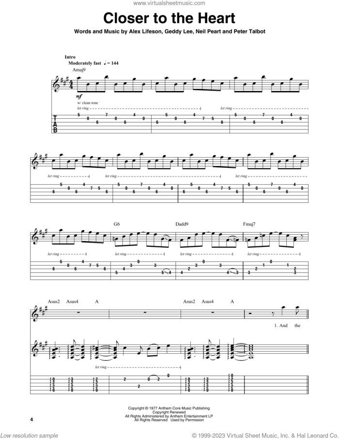 Closer To The Heart sheet music for guitar (tablature, play-along) by Rush, Alex Lifeson, Geddy Lee, Neil Peart and Peter Talbot, intermediate skill level