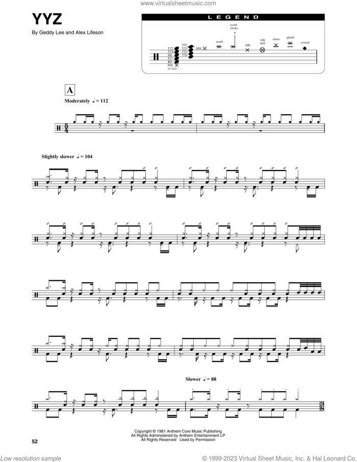 YYZ sheet music for drums by Rush, Alex Lifeson and Geddy Lee, intermediate skill level