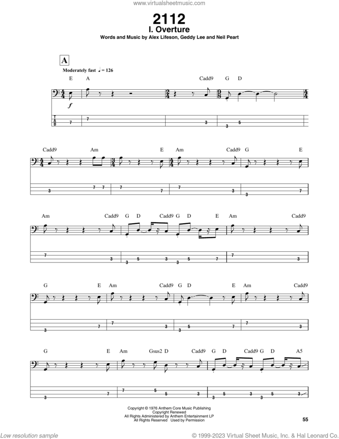 2112-I Overture sheet music for bass (tablature) (bass guitar) by Rush, Alex Lifeson, Geddy Lee and Neil Peart, intermediate skill level
