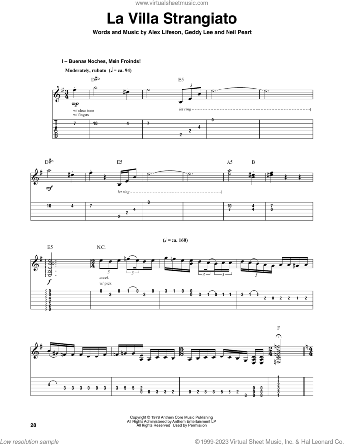 La Villa Strangiato sheet music for guitar (tablature, play-along) by Rush, Alex Lifeson, Geddy Lee and Neil Peart, intermediate skill level