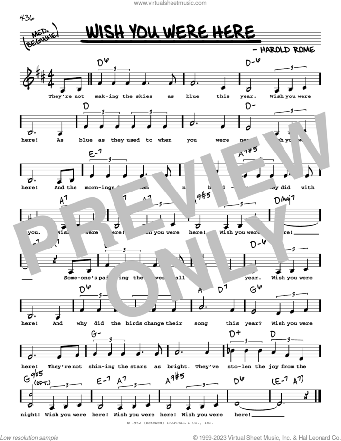 Wish You Were Here (Low Voice) sheet music for voice and other instruments (low voice) by Harold Rome, intermediate skill level