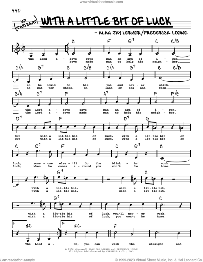 With A Little Bit Of Luck (Low Voice) sheet music for voice and other instruments (low voice) by Lerner & Loewe, Alan Jay Lerner and Frederick Loewe, intermediate skill level