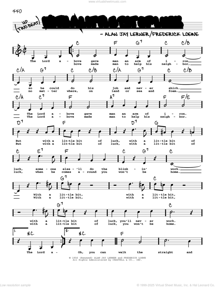 With A Little Bit Of Luck (Low Voice) sheet music for voice and other instruments (low voice) by Lerner & Loewe, Alan Jay Lerner and Frederick Loewe, intermediate skill level